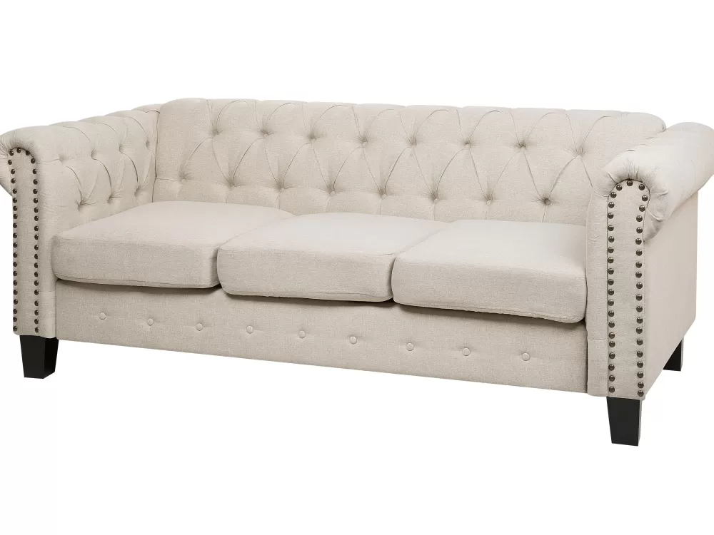 Store Beliani 3-Istuttava Sohva Kangas Beige Keskikokoinen Chesterfield