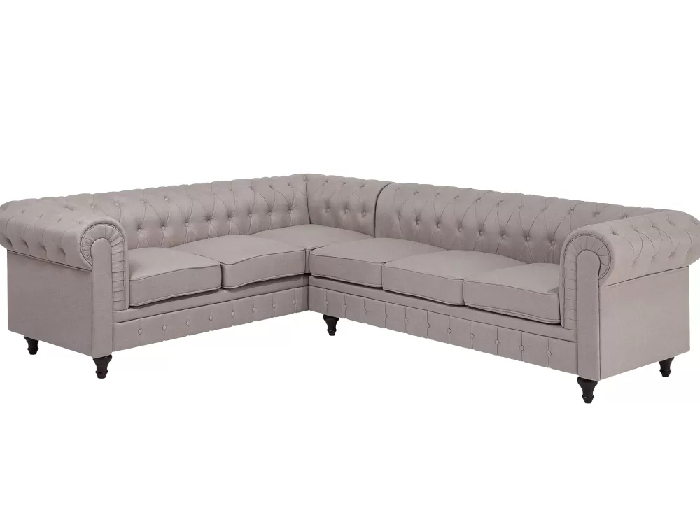 Sohvat<Beliani 6-Istuttava Kulmasohva Kangas Oikeak. Beige Chesterfield