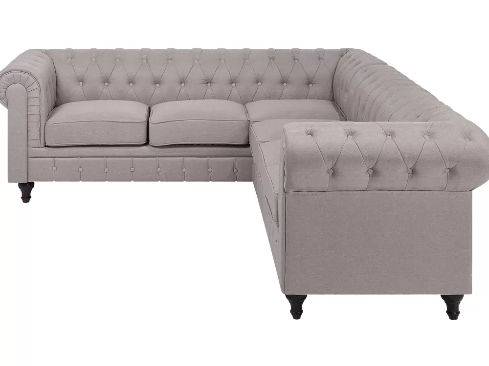 Sohvat<Beliani 6-Istuttava Kulmasohva Kangas Oikeak. Beige Chesterfield