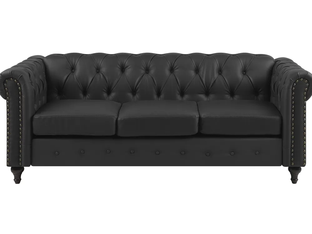 Cheap Beliani Musta 3-Istuttava Keinonahkasohva Chesterfield